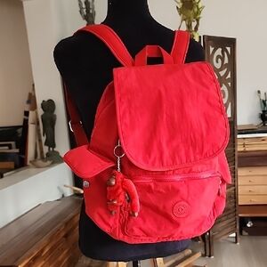 Kipling Vibrant Red Backpack with Keychain Like New Med Large  Pockets CLEAN NEW